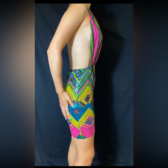 Fashion nova dress, mini multicoloured sequin party cocktail dress - Picture 5 of 16